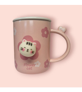Чашка котик з кришкою і ложкою в наборі 350мл. pink