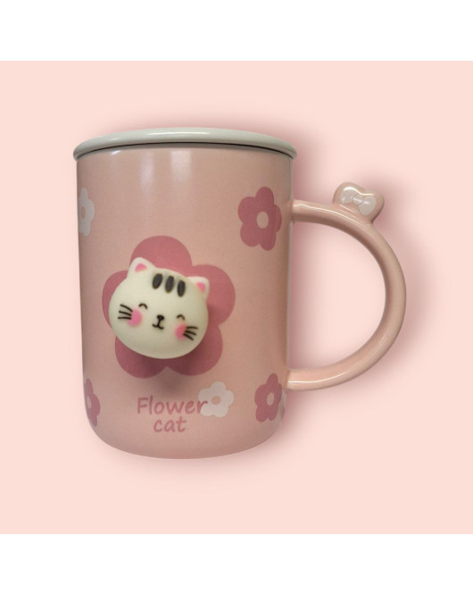 Чашка котик з кришкою і ложкою в наборі 350мл. pink