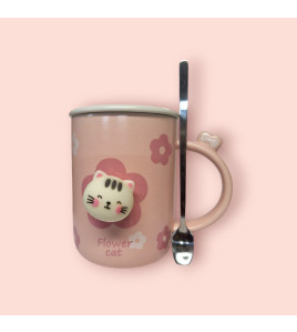 Чашка котик з кришкою і ложкою в наборі 350мл. pink