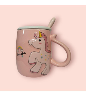 Чашка Єдиноріг з кришкою і ложкою в наборі 400мл. pink (сс130)