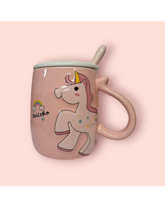 Чашка Єдиноріг з кришкою і ложкою в наборі 400мл. pink (сс130)