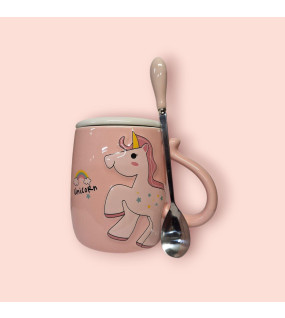 Чашка Єдиноріг з кришкою і ложкою в наборі 400мл. pink (сс130)